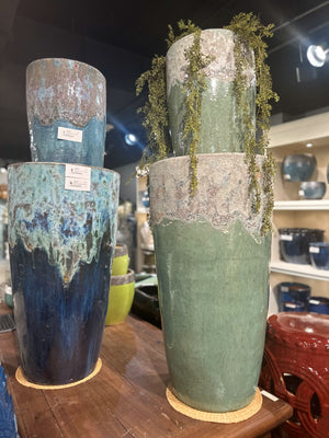Tall Round Ceramic Planter with a Reef/Spa Green Glaze-Large