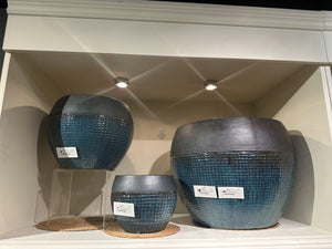 Round Net Ceramic Planter with a Matte Black/Teal Glaze