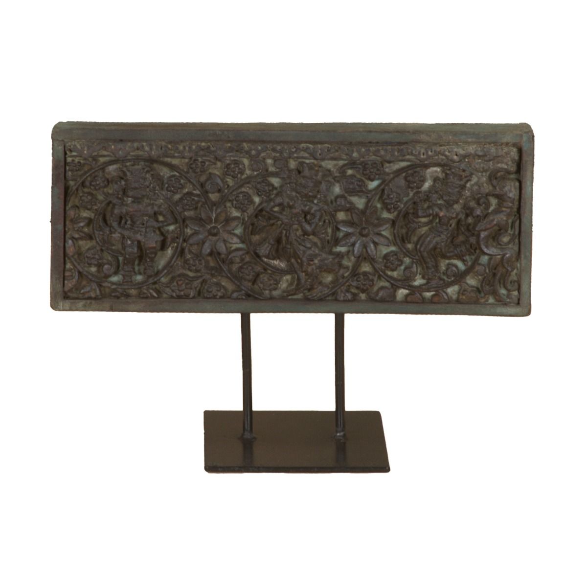 Curio 15" Carved Wood Panel on Iron Stand