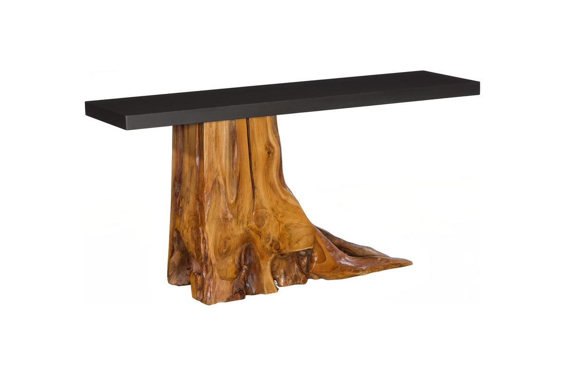 Plinth Console Table, Teak Root with Iron Top, Small