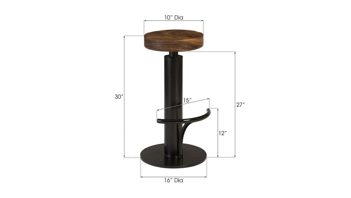 Black Iron Bar Stool, Swivel Seat, Natural