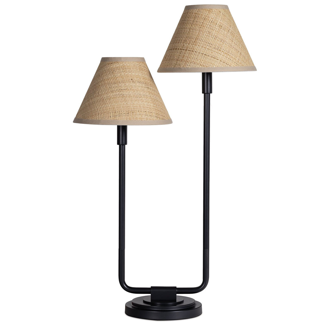 Polly Double Arm Table Lamp (Blackened Brass with Natural Rattan Shade)