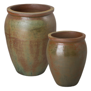 Set of Two Round Ceramic Planters - Rustic Sage Green Glaze