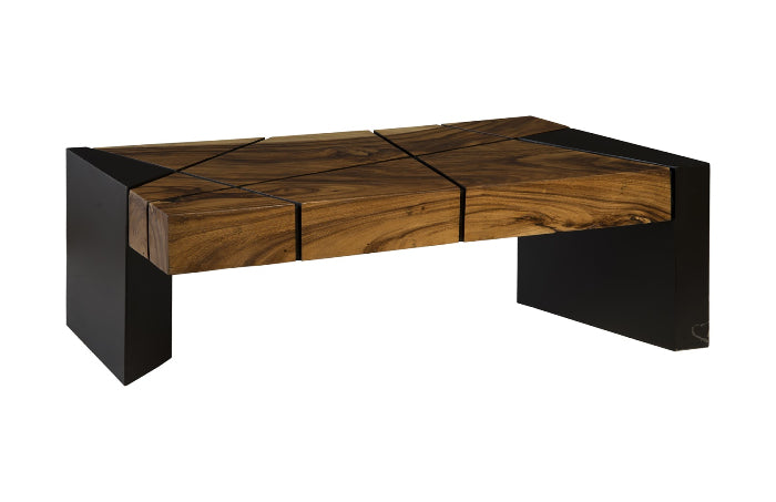 Criss Cross Coffee Table on Black Iron Legs, Chamcha Wood