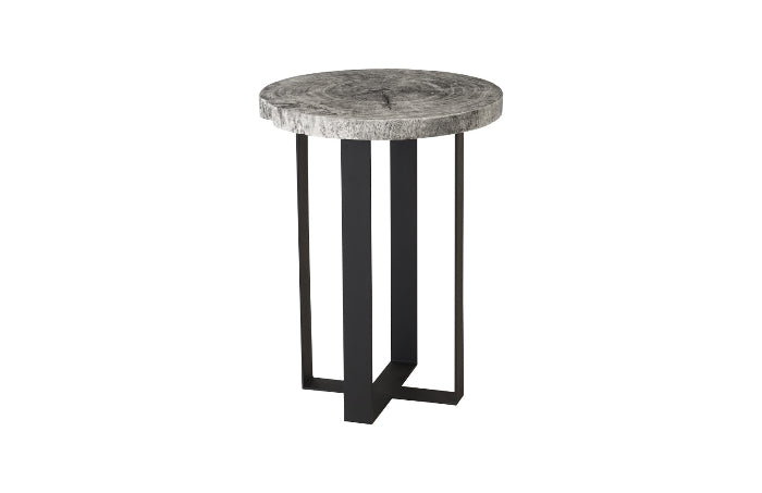 Chuleta Bar Table on Black Metal Base, Chamcha Wood, Gray Stone