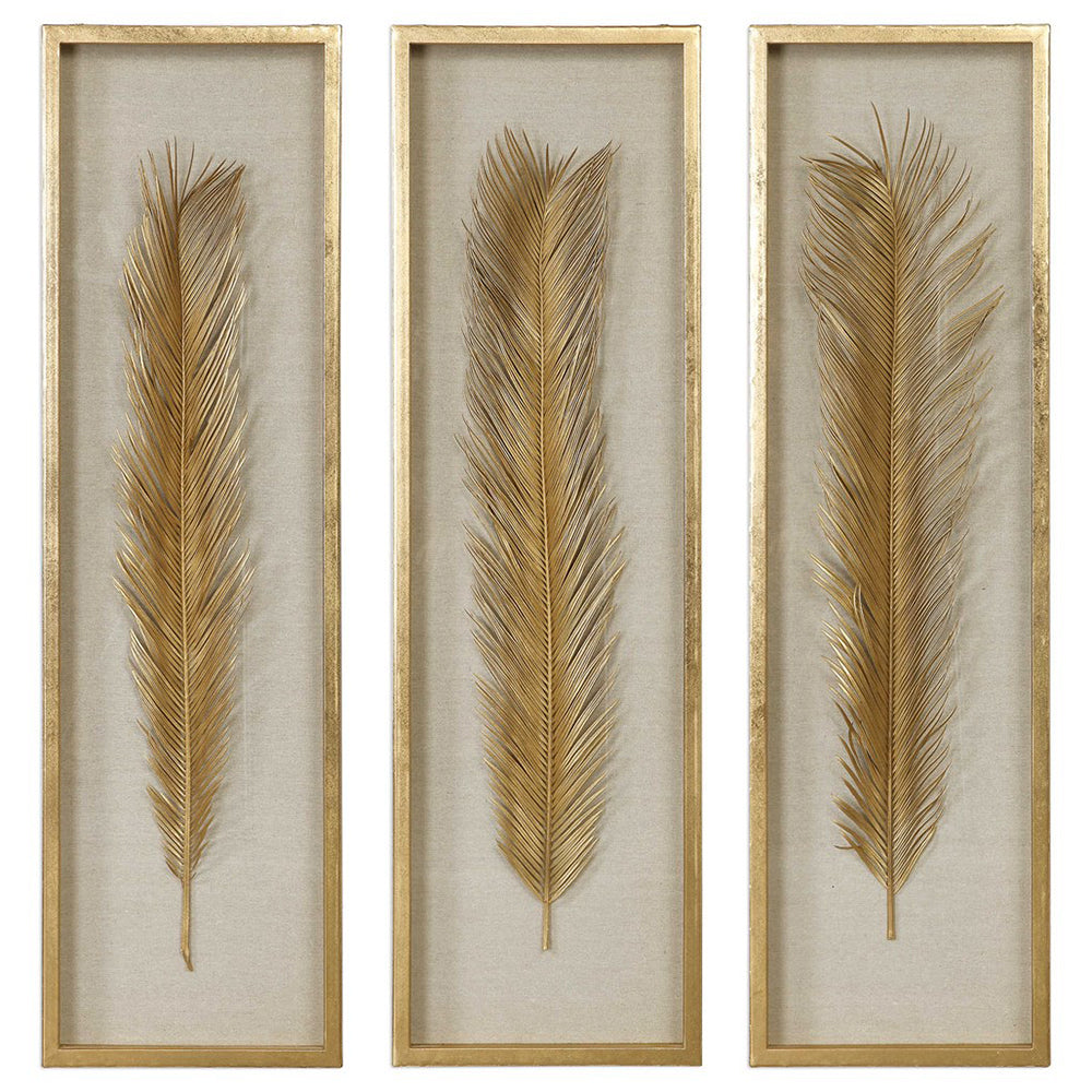 Golden Palm Leaves Shadow Box Wall Art – Set of 3