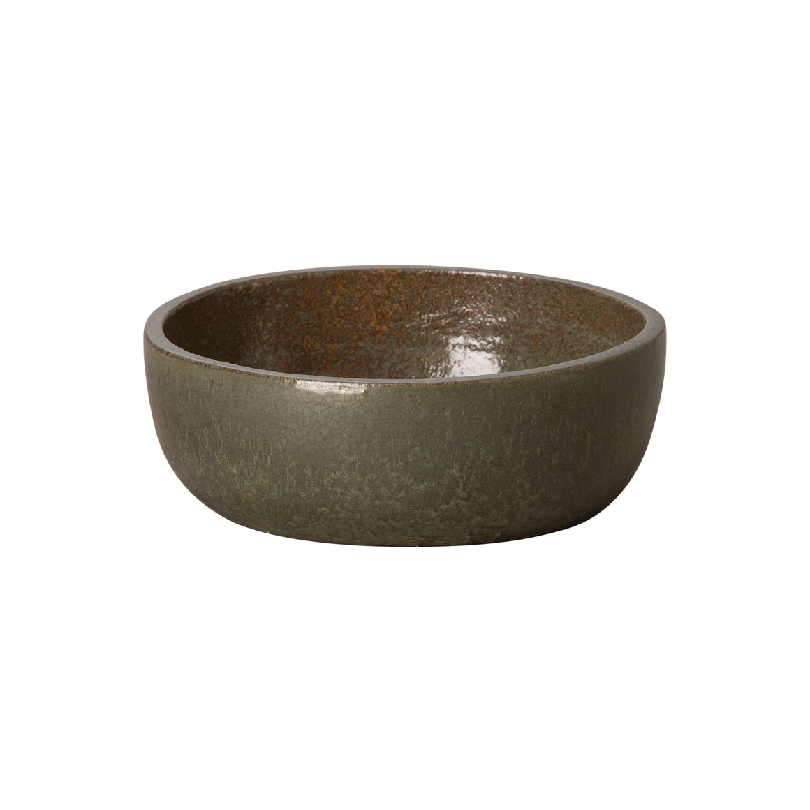 Round Shallow Ceramic Planter with a Metallic Green Glaze