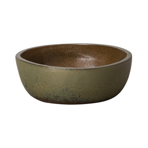 Round Shallow Ceramic Planter with a Metallic Green Glaze