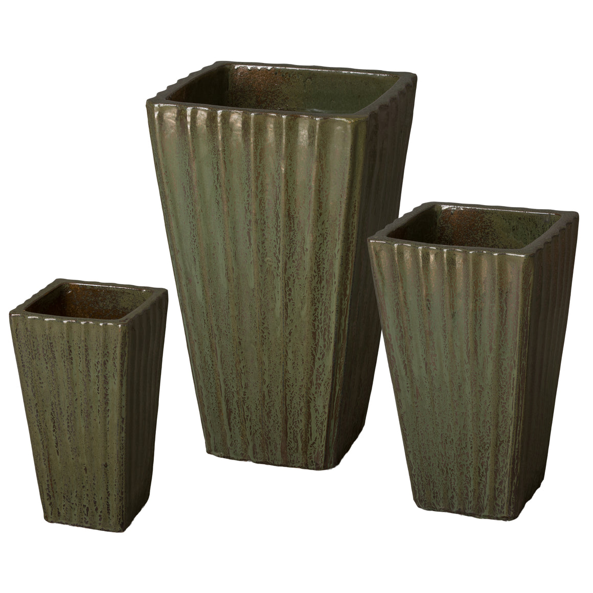 Set of Three Square Planters - Metallic Green Glaze