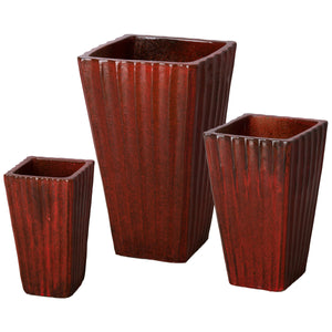 Set of Three Fluted Square Ceramic Planters - Tropical Red Glaze
