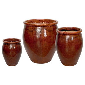 Set of 3 Large Planters with Lip - Amber Brown