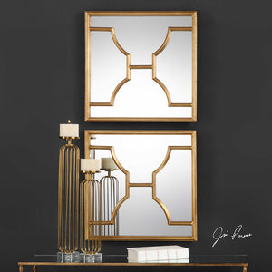 Square Gold Iron Beveled Edge Mirrors – Set of 2