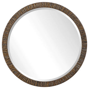 Round Wood Framed Mirror with Textured Tree Bark Veneer