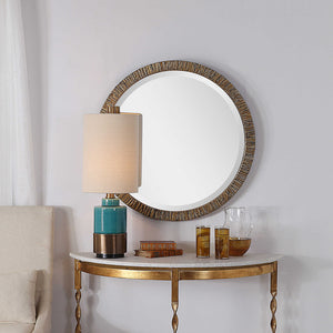 Round Wood Framed Mirror with Textured Tree Bark Veneer