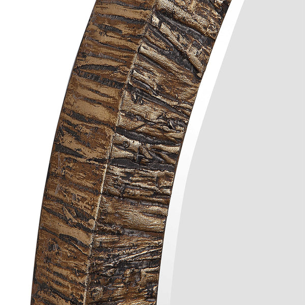 Round Wood Framed Mirror with Textured Tree Bark Veneer Scenario Home