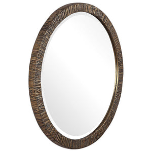 Round Wood Framed Mirror with Textured Tree Bark Veneer