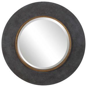 Concrete Look Round Mirror with Antique Gold Accent