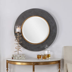 Concrete Look Round Mirror with Antique Gold Accent