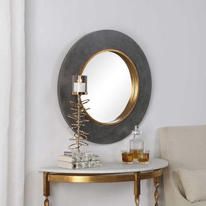 Concrete Look Round Mirror with Antique Gold Accent
