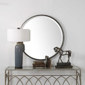Oversized Industrial Round Mirror with Sculptural Edge