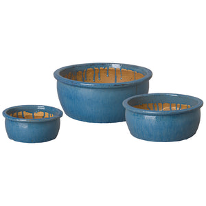 Shallow Blue Ceramic Planters with Lip - Set of 3