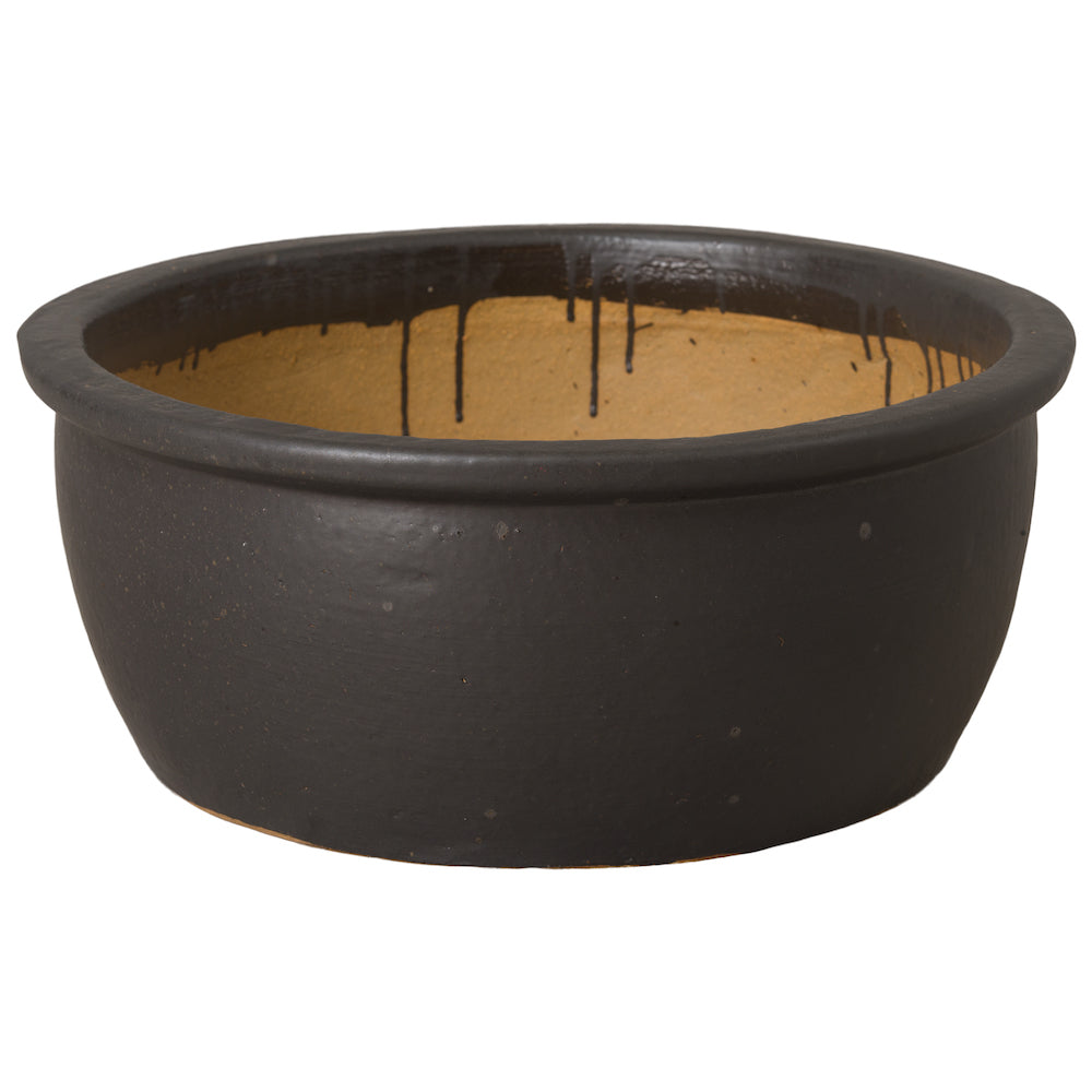 Shallow Black Ceramic Planter with Lip - Large