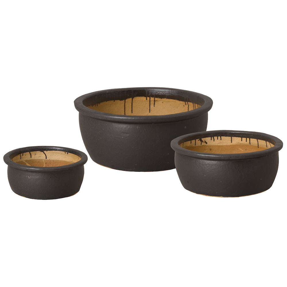 Shallow Black Ceramic Planters with Lip - Set of 3