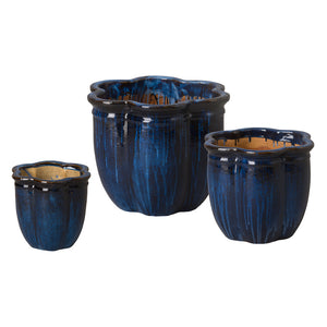 Scalloped Blue Ceramic Planters - Set of 3