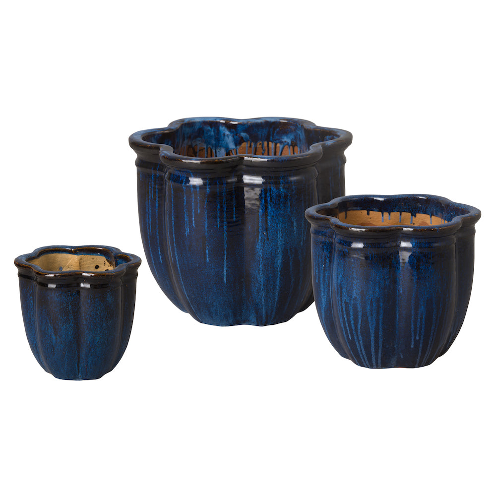 Scalloped Blue Ceramic Planters - Set of 3