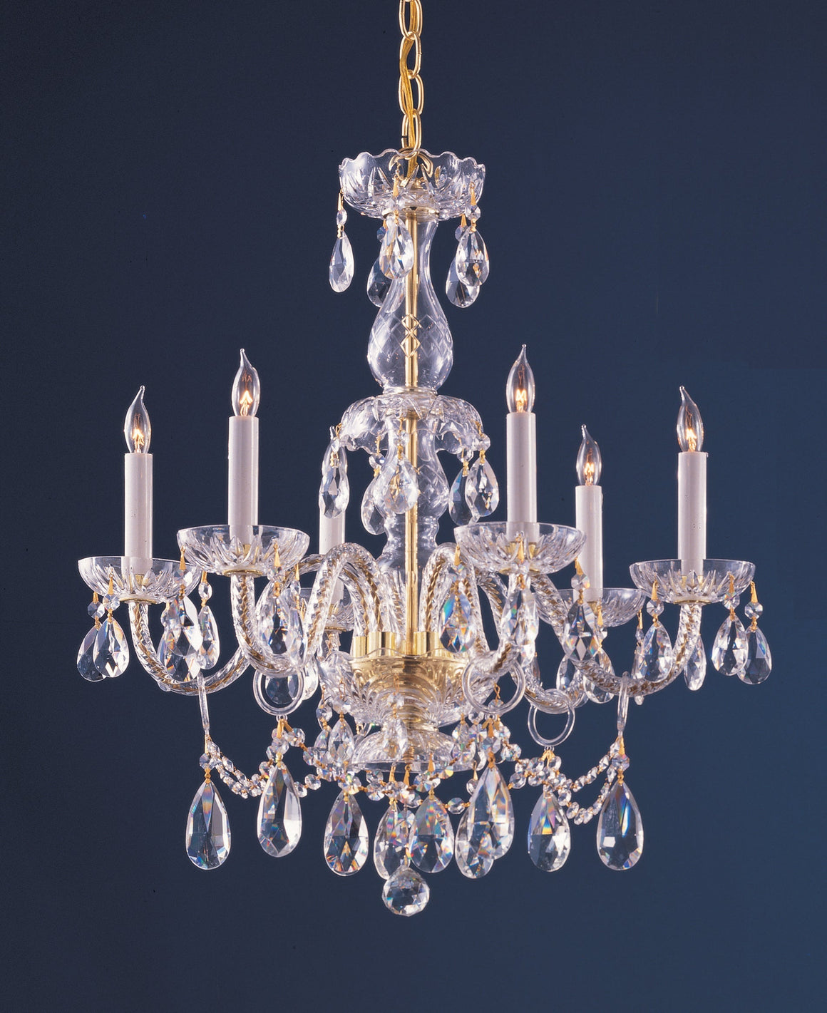 Traditional Crystal 6 Light Hand Cut Crystal Polished Brass Chandelier