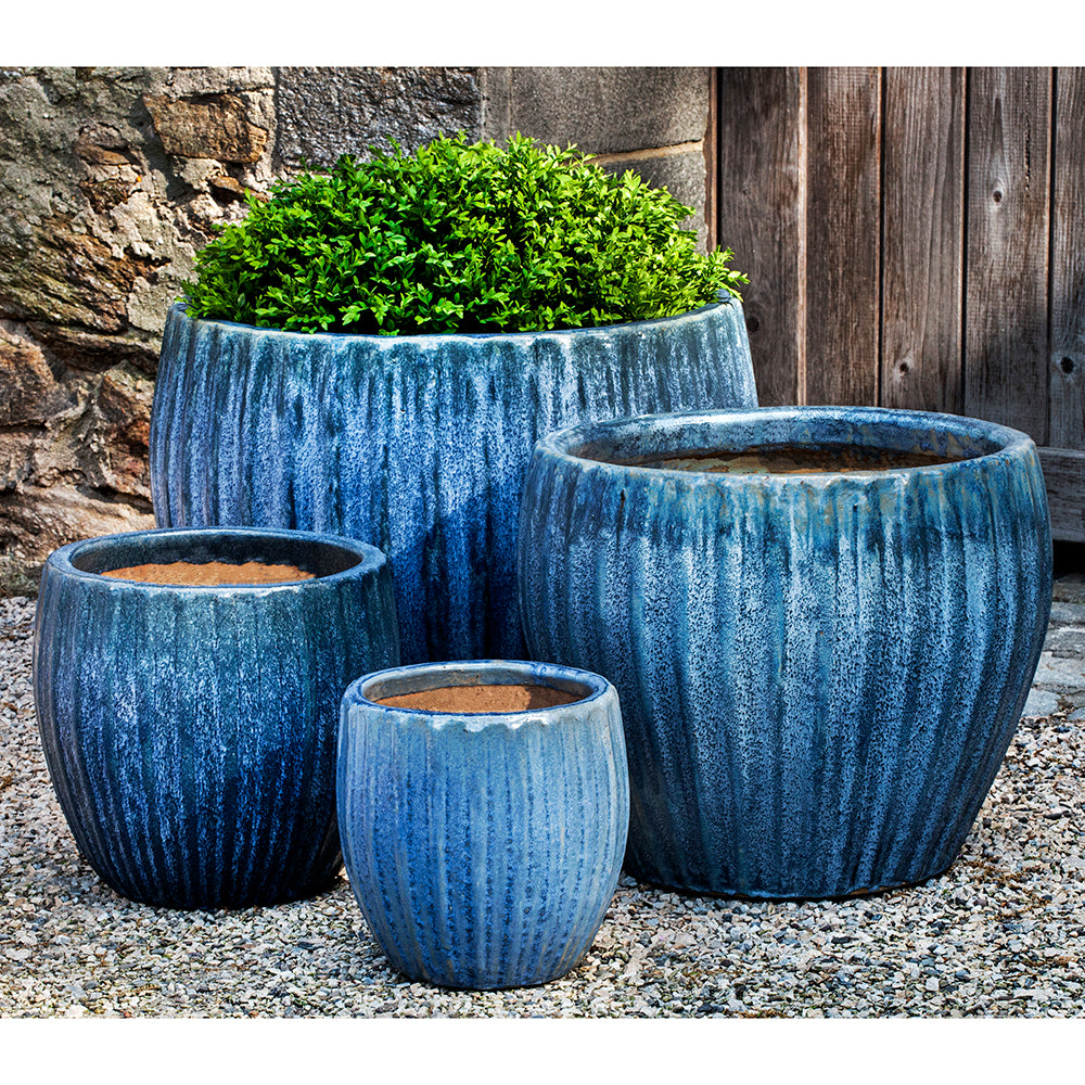 Blue Pearl Short Glazed Barrel Planters - Set of 4