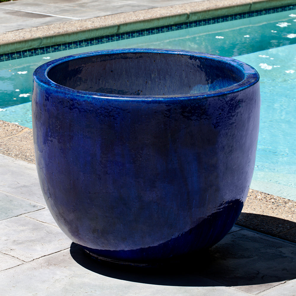 large blue ceramic plant pots outdoor Riviera Blue Glazed Terra Cotta Barrel Planter - Large