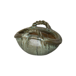 Small Two Handle Basket Planter with a Green Kelp Glaze