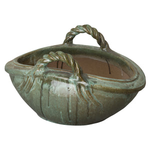 Large Two Handle Basket Planter with a Green Kelp Glaze