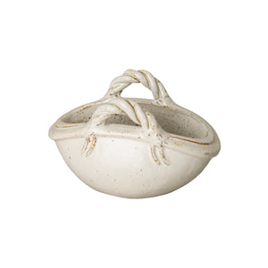 Small Two Handle Basket Planter with a Distressed White Glaze