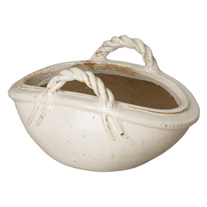 Large Two Handle Basket Planter with a Distressed White Glaze