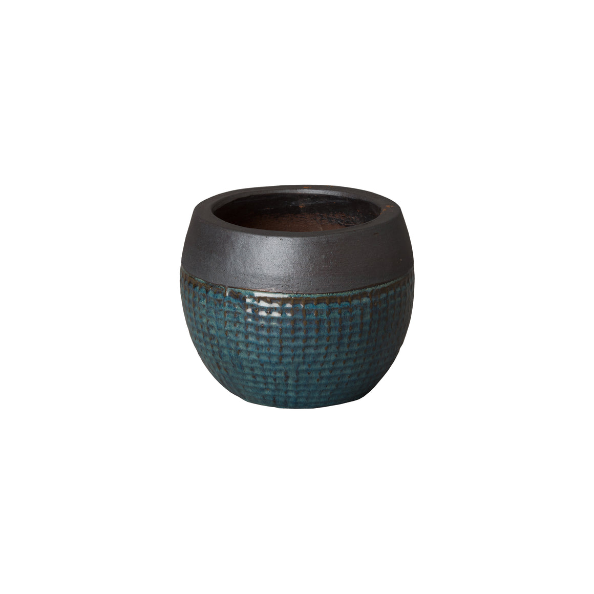 Small Round Net Ceramic Planter -  Matte Black/Teal