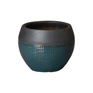 Round Net Ceramic Planter with a Matte Black/Teal Glaze