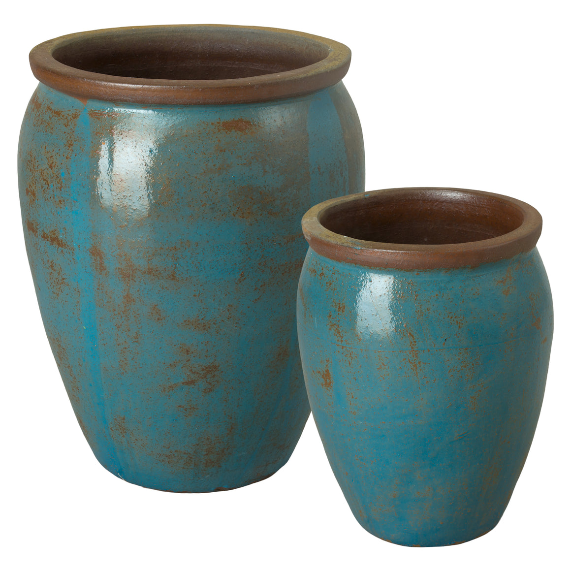 Set of Two Round Ceramic Planters - Rustic Turquoise
