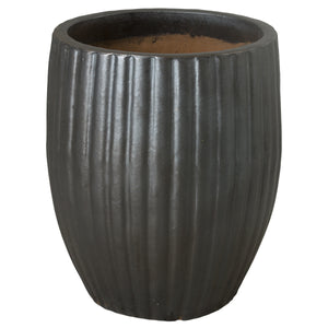 Ridged Round Ceramic Planter in Matte Black - Large