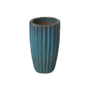 Tall Round Ridged Round Ceramic Pot in Stone Teal– Large