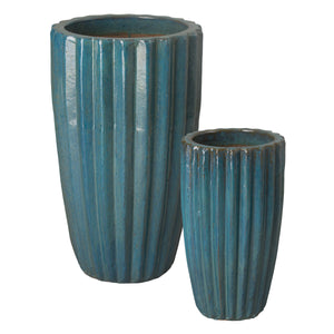 Tall Round Ridged Round Ceramic Pot in Teal – Set of Two