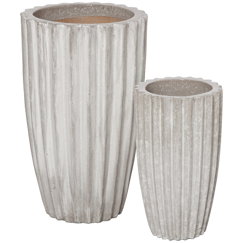 Tall Round Ridged Ceramic Planters - Antique White & Grey (set of 2)