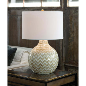 Regina Andrew Inlaid Bone Chevron Table Lamp with Linen Shade – Natural