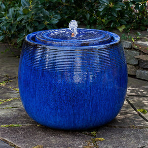 Concentric Rings Glazed Terra Cotta Fountain - Riviera Blue