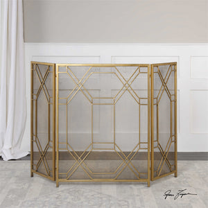 Geometric Lattice Metal Fireplace Screen - Antique Gold