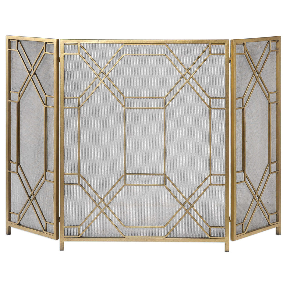 Geometric Lattice Metal Fireplace Screen - Antique Gold