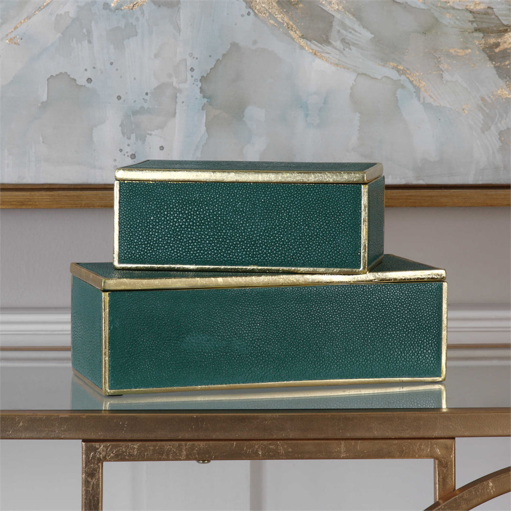 Acsent Box Faux Shagreen Accent Boxes - Emerald & Gold (Set of 2) - Scenario Home