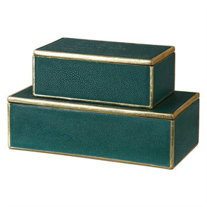 Faux Shagreen Accent Boxes - Emerald & Gold (Set of 2)