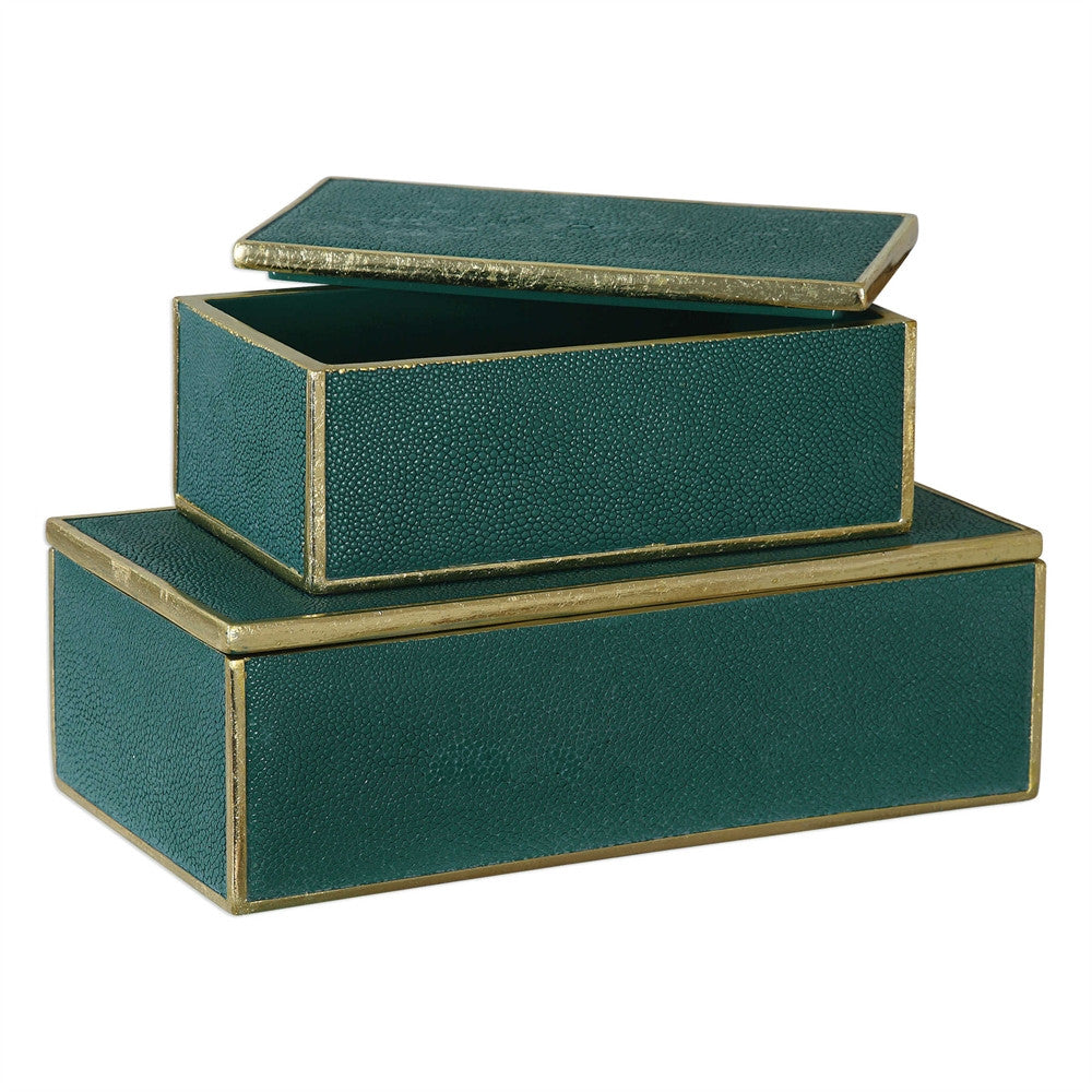 Acsent Box Faux Shagreen Accent Boxes - Emerald & Gold (Set of 2) - Scenario Home